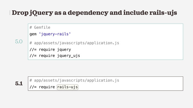 Drop jQuery as a dependency and include rails-ujs
# Gemfile
gem 'jquery-rails'
# app/assets/javascripts/application.js
//= require jquery
//= require jquery_ujs
# app/assets/javascripts/application.js
//= require rails-ujs
5.0
5.1
