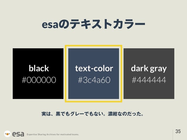 !35
esaͷςΩετΧϥʔ
࣮͸ɺࠇͰ΋άϨʔͰ΋ͳ͍ɻೱࠠͳͷͩͬͨɻ
text-color
#3c4a60
black
#000000
dark gray
#444444
