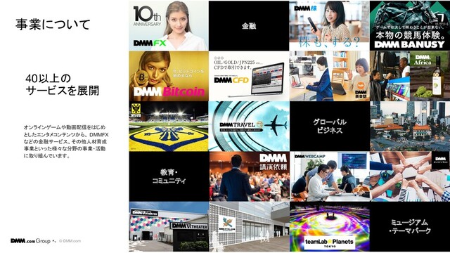 © DMM.com
40以上の
サービスを展開
7
事業について
オンラインゲームや動画配信をはじめ
としたエンタメコンテンツから、 DMMFX
などの金融サービス、その他人材育成
事業といった様々な分野の事業・活動
に取り組んでいます。
金融
グローバル
ビジネス
教育・
コミュニティ
ミュージアム
・テーマパーク

