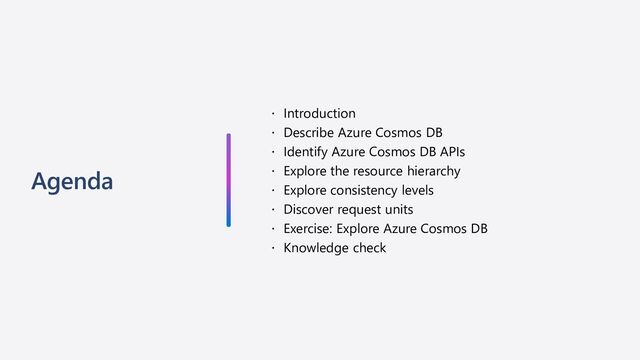Agenda
 Introduction
 Describe Azure Cosmos DB
 Identify Azure Cosmos DB APIs
 Explore the resource hierarchy
 Explore consistency levels
 Discover request units
 Exercise: Explore Azure Cosmos DB
 Knowledge check
