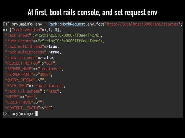 At first, boot rails console, and set request env

