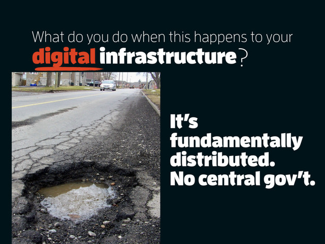 It’s
fundamentally
distributed.
No central gov’t.
digital infrastructure
What do you do when this happens to your
?
