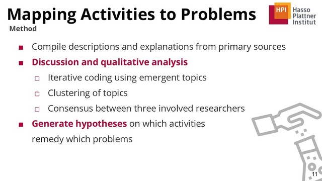 Mapping Activities to Problems
11
Method
■ Compile descriptions and explanations from primary sources
■ Discussion and qualitative analysis
□ Iterative coding using emergent topics
□ Clustering of topics
□ Consensus between three involved researchers
■ Generate hypotheses on which activities
remedy which problems
