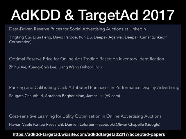 AdKDD & TargetAd 2017
https://adkdd-targetad.wixsite.com/adkddtargetad2017/accepted-papers
