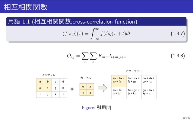 相互相関関数
用語 1.1 (相互相関関数;cross-correlation function)
(f g)(τ) =
∞
−∞
f(t)g(τ + t)dt (1.3.7)
Oi,j
=
m n
Km,n
Ii+m,j+n
(1.3.8)
Figure: 引用[2]
10 / 40
