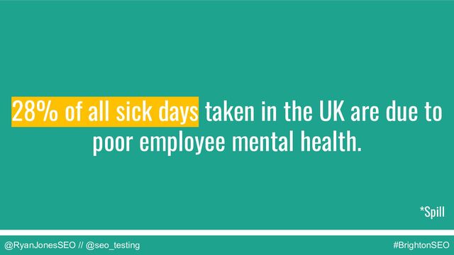 @RyanJonesSEO // @seo_testing #BrightonSEO
*Spill
28% of all sick days taken in the UK are due to
poor employee mental health.
