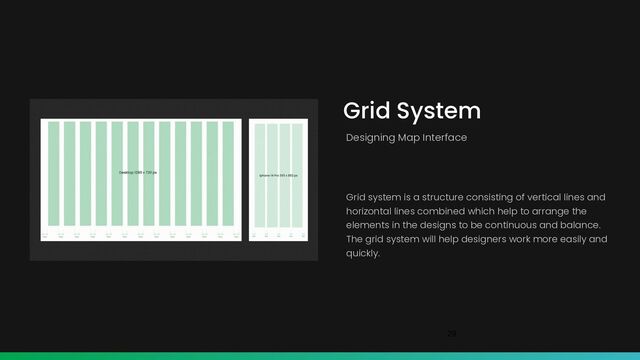 29
Grid System
Designing Map Interface
Grid system is a structure consisting of vertical lines and
horizontal lines combined which help to arrange the
elements in the designs to be continuous and balance.
The grid system will help designers work more easily and
quickly.
