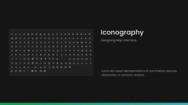 30
Iconography
Designing Map Interface
Icons are visual representations of commands, devices,
directories, or common actions.
