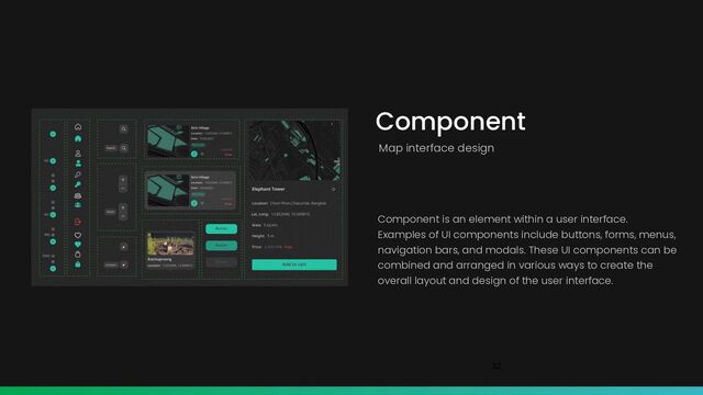 32
Component
Map interface design
Component is an element within a user interface.
Examples of UI components include buttons, forms, menus,
navigation bars, and modals. These UI components can be
combined and arranged in various ways to create the
overall layout and design of the user interface.

