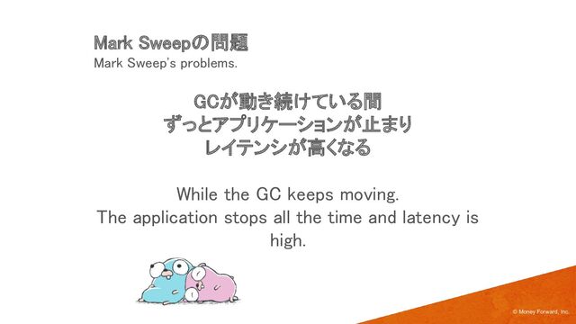 Mark Sweepの問題 
Mark Sweep's problems. 
GCが動き続けている間 
ずっとアプリケーションが止まり 
レイテンシが高くなる 
 
While the GC keeps moving. 
The application stops all the time and latency is
high. 
© Money Forward, Inc.
