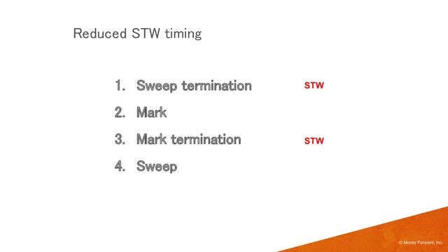 1. Sweep termination 
2. Mark 
3. Mark termination 
4. Sweep 
© Money Forward, Inc.
Reduced STW timing 
STW
STW
