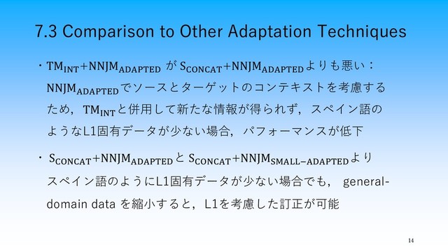 7.3 Comparison to Other Adaptation Techniques
14
・TMINT
+NNJMADAPTED
が SCONCAT
+NNJMADAPTED
よりも悪い：
NNJMADAPTED
でソースとターゲットのコンテキストを考慮する
ため，TMINT
と併用して新たな情報が得られず，スペイン語の
ようなL1固有データが少ない場合，パフォーマンスが低下
・ SCONCAT
+NNJMADAPTED
と SCONCAT
+NNJMSMALL−ADAPTED
より
スペイン語のようにL1固有データが少ない場合でも， general-
domain data を縮小すると，L1を考慮した訂正が可能
