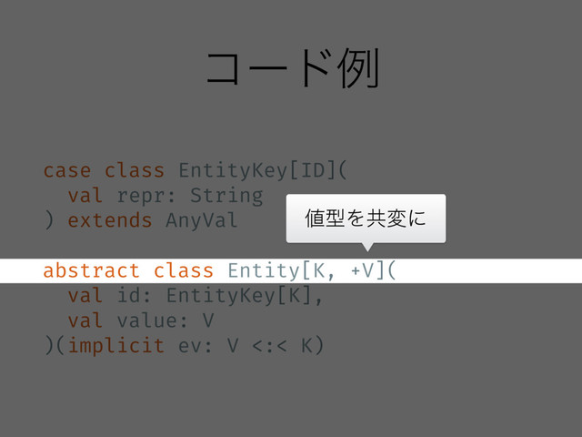 ίʔυྫ
case class EntityKey[ID](
val repr: String
) extends AnyVal
abstract class Entity[K, +V](
val id: EntityKey[K],
val value: V
)(implicit ev: V <:< K)
஋ܕΛڞมʹ
