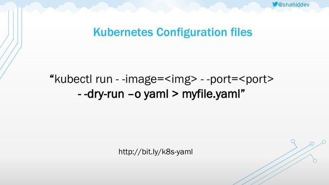 @shahiddev
Kubernetes Configuration files
“kubectl run - -image=<img> - -port=
- -dry-run –o yaml > myfile.yaml”
http://bit.ly/k8s-yaml
