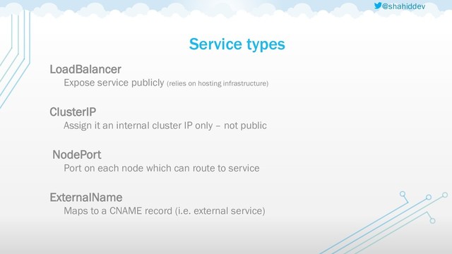 @shahiddev
Service types
LoadBalancer
Expose service publicly (relies on hosting infrastructure)
ClusterIP
Assign it an internal cluster IP only – not public
NodePort
Port on each node which can route to service
ExternalName
Maps to a CNAME record (i.e. external service)
