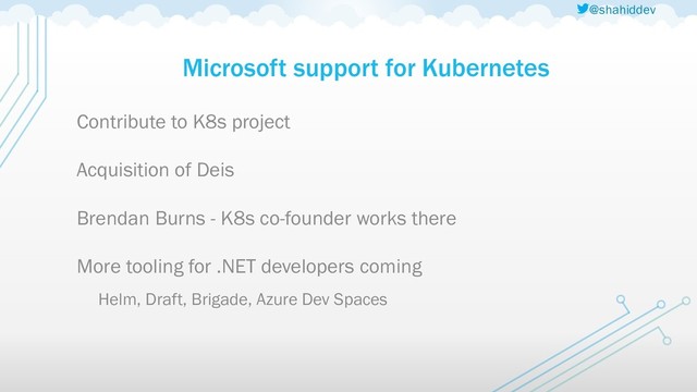 @shahiddev
Microsoft support for Kubernetes
Contribute to K8s project
Acquisition of Deis
Brendan Burns - K8s co-founder works there
More tooling for .NET developers coming
Helm, Draft, Brigade, Azure Dev Spaces
