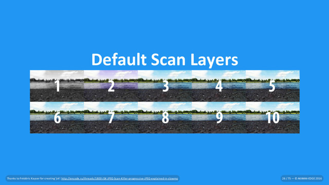 Default Scan Layers
Thanks to Frédéric Kayser for creating 'jsk': http://encode.ru/threads/1800-JSK-JPEG-Scan-Killer-progressive-JPEG-explained-in-slowmo 26 / 75 — © AKAMAI-EDGE 2016
