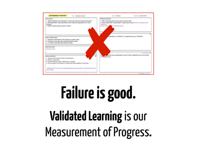 ✘
Failure is good.
Validated Learning is our
Measurement of Progress.
