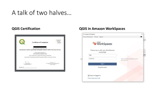 A talk of two halves…
QGIS Certification QGIS in Amazon WorkSpaces
