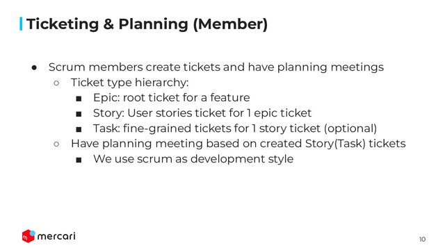 10
Conﬁdential
● Scrum members create tickets and have planning meetings
○ Ticket type hierarchy:
■ Epic: root ticket for a feature
■ Story: User stories ticket for 1 epic ticket
■ Task: ﬁne-grained tickets for 1 story ticket (optional)
○ Have planning meeting based on created Story(Task) tickets
■ We use scrum as development style
Ticketing & Planning (Member)

