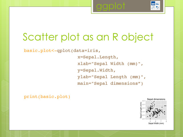 ggplot
Scatter plot as an R object
basic.plot<-qplot(data=iris,!
! ! !x=Sepal.Length,!
! ! !xlab="Sepal Width (mm)",!
! ! !y=Sepal.Width,!
! ! !ylab="Sepal Length (mm)",!
! ! !main="Sepal dimensions”)!
!
print(basic.plot)!
