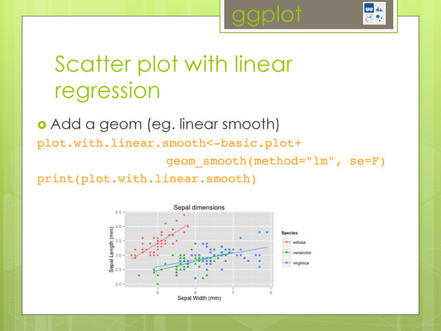 ggplot
Scatter plot with linear
regression
  Add a geom (eg. linear smooth)
plot.with.linear.smooth<-basic.plot+!
! ! !geom_smooth(method="lm", se=F)!
print(plot.with.linear.smooth)!

