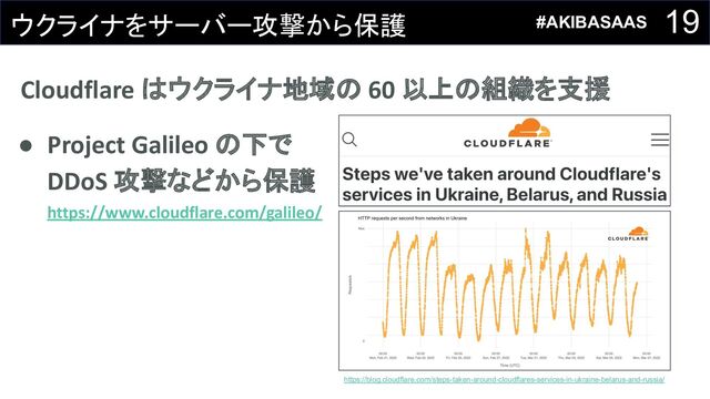 19
ウクライナをサーバー攻撃から保護
Cloudflare はウクライナ地域の 60 以上の組織を支援
● Project Galileo の下で
DDoS 攻撃などから保護
https://www.cloudflare.com/galileo/
https://blog.cloudflare.com/steps-taken-around-cloudflares-services-in-ukraine-belarus-and-russia/
#AKIBASAAS
