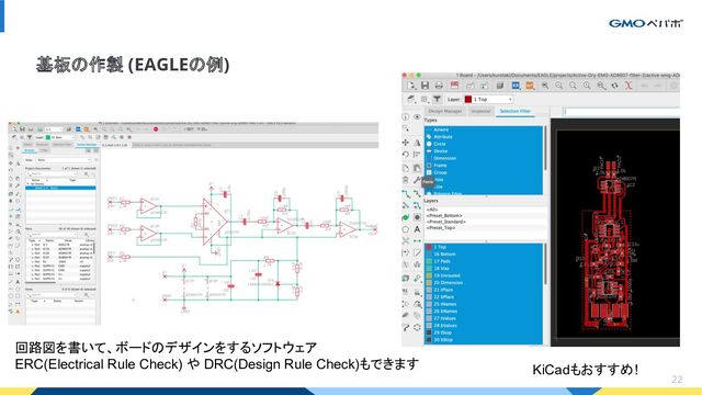 22
基板の作製 (EAGLEの例)
回路図を書いて、ボードのデザインをするソフトウェア
ERC(Electrical Rule Check) や DRC(Design Rule Check)もできます KiCadもおすすめ!
