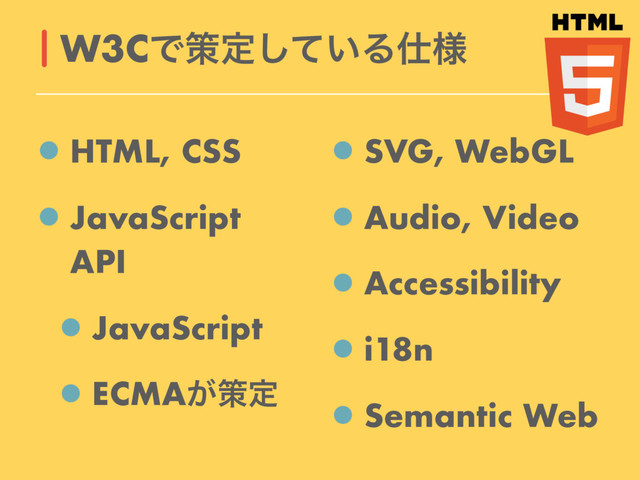 HTML, CSS
JavaScript
API
JavaScript
ECMA͕ࡦఆ
SVG, WebGL
Audio, Video
Accessibility
i18n
Semantic Web
W3CͰࡦఆ͍ͯ͠Δ࢓༷
