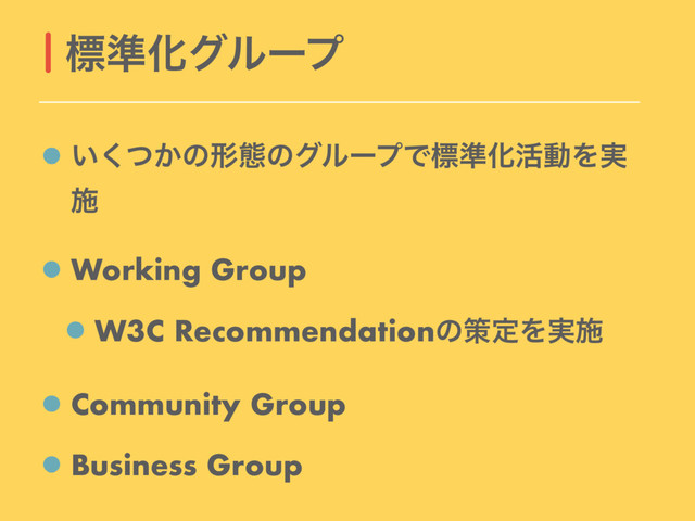 ͍͔ͭ͘ͷܗଶͷάϧʔϓͰඪ४Խ׆ಈΛ࣮
ࢪ
Working Group
W3C RecommendationͷࡦఆΛ࣮ࢪ
Community Group
Business Group
ඪ४Խάϧʔϓ
