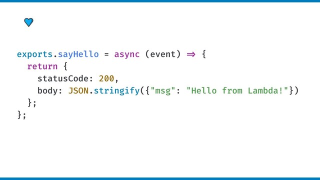 exports.sayHello = async (event) =" {
return {
statusCode: 200,
body: JSON.stringify({"msg": "Hello from Lambda!"})
};
};
