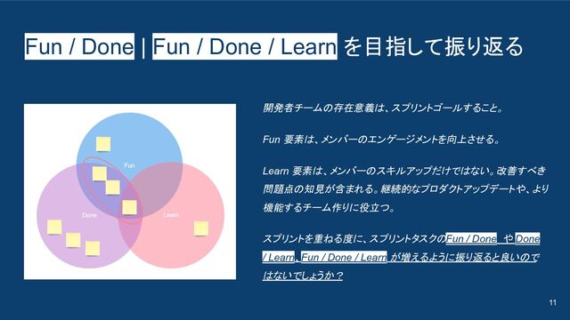 Fun / Done | Fun / Done / Learn を目指して振り返る
11
開発者チームの存在意義は、スプリントゴールすること。
Fun 要素は、メンバーのエンゲージメントを向上させる。
Learn 要素は、メンバーのスキルアップだけではない。改善すべき
問題点の知見が含まれる。継続的なプロダクトアップデートや、より
機能するチーム作りに役立つ。
スプリントを重ねる度に、スプリントタスクの Fun / Done や Done
/ Learn、Fun / Done / Learn が増えるように振り返ると良いので
はないでしょうか？
