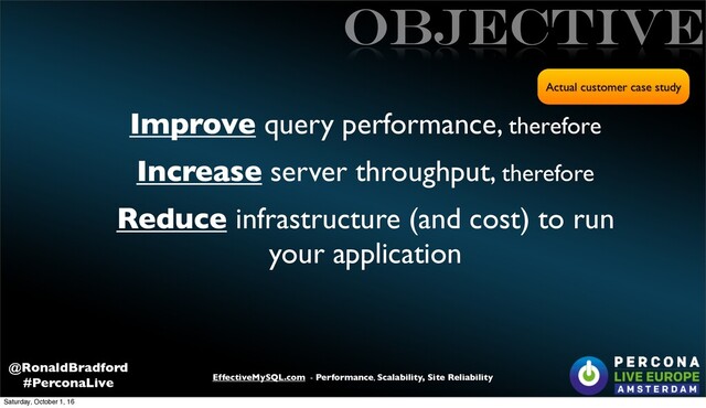 EffectiveMySQL.com - Performance, Scalability, Site Reliability
@RonaldBradford
#PerconaLive
OBJECTIVE
Improve query performance, therefore
Increase server throughput, therefore
Reduce infrastructure (and cost) to run
your application
Actual customer case study
Saturday, October 1, 16

