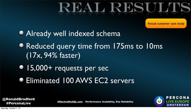 EffectiveMySQL.com - Performance, Scalability, Site Reliability
@RonaldBradford
#PerconaLive
REAL RESULTS
Already well indexed schema
Reduced query time from 175ms to 10ms
(17x, 94% faster)
15,000+ requests per sec
Eliminated 100 AWS EC2 servers
Actual customer case study
Saturday, October 1, 16
