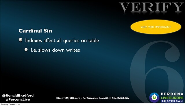 6
EffectiveMySQL.com - Performance, Scalability, Site Reliability
@RonaldBradford
#PerconaLive
VERIFY
Cardinal Sin
Indexes affect all queries on table
i.e. slows down writes
VERY, VERY IMPORTANT
Saturday, October 1, 16
