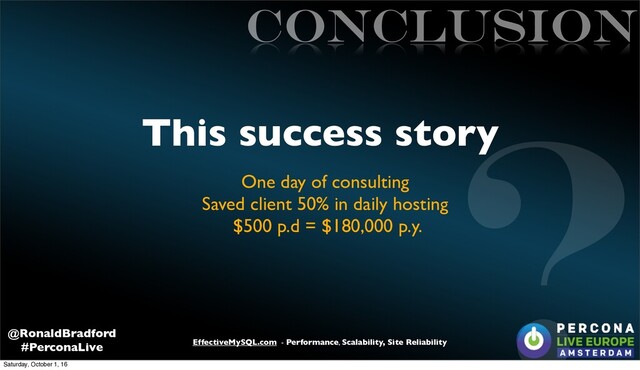 EffectiveMySQL.com - Performance, Scalability, Site Reliability
@RonaldBradford
#PerconaLive
This success story
?
One day of consulting
Saved client 50% in daily hosting
$500 p.d = $180,000 p.y.
CONCLUSION
Saturday, October 1, 16
