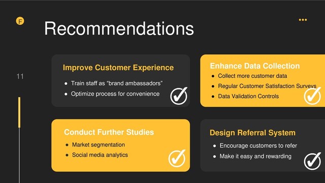 11
Design Referral System
Enhance Data Collection
● Train staff as “brand ambassadors”
● Optimize process for convenience
Conduct Further Studies
● Market segmentation
● Social media analytics
F Recommendations
Improve Customer Experience
● Collect more customer data
● Regular Customer Satisfaction Surveys
● Data Validation Controls
● Encourage customers to refer
● Make it easy and rewarding
