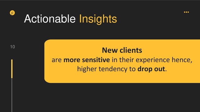 10
F
Actionable Insights
New clients
are more sensitive in their experience hence,
higher tendency to drop out.

