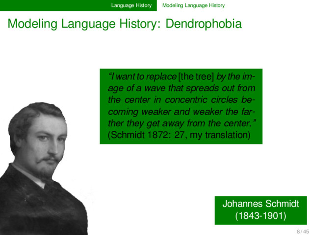Language History Modeling Language History
Modeling Language History: Dendrophobia
Johannes Schmidt
(1843-1901)
“I want to replace [the tree] by the im-
age of a wave that spreads out from
the center in concentric circles be-
coming weaker and weaker the far-
ther they get away from the center.”
(Schmidt 1872: 27, my translation)
8 / 45
