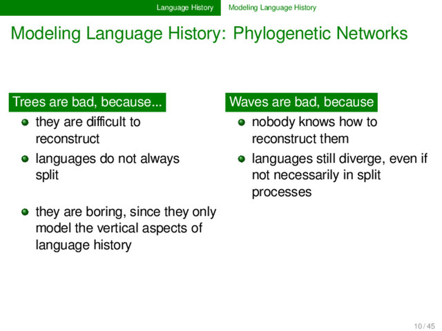Language History Modeling Language History
Modeling Language History: Phylogenetic Networks
Trees are bad, because...
they are diﬃcult to
reconstruct............
languages do not always
split............ .......... ............
............
they are boring, since they only
model the vertical aspects of
language history ............
Waves are bad, because
nobody knows how to
reconstruct them
languages still diverge, even if
not necessarily in split
processes
10 / 45

