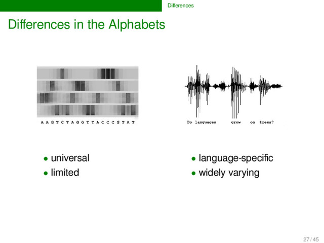 Diﬀerences
Diﬀerences in the Alphabets
• universal • language-speciﬁc
• limited • widely varying
27 / 45
