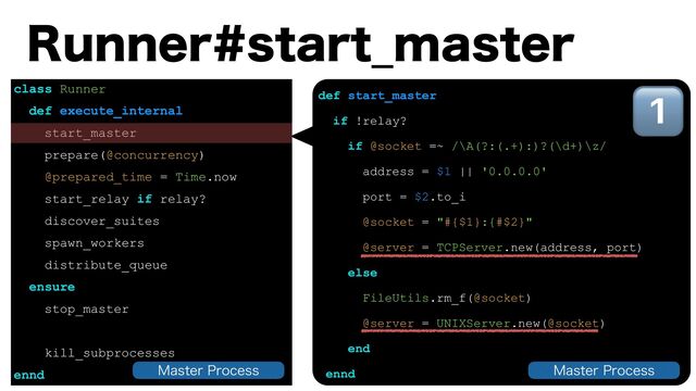 class Runner
def execute_internal
start_master
prepare(@concurrency)
@prepared_time = Time.now
start_relay if relay?
discover_suites
spawn_workers
distribute_queue
ensure
stop_master
kill_subprocesses
ennd
3VOOFSTUBSU@NBTUFS
def start_master
if !relay?
if @socket =~ /\A(?:(.+):)?(\d+)\z/
address = $1 || '0.0.0.0'
port = $2.to_i
@socket = "#{$1}:{#$2}"
@server = TCPServer.new(address, port)
else
FileUtils.rm_f(@socket)
@server = UNIXServer.new(@socket)
end
ennd
1⃣
.BTUFS1SPDFTT
.BTUFS1SPDFTT
