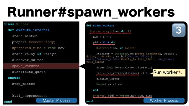 class Runner
def execute_internal
start_master
prepare(@concurrency)
@prepared_time = Time.now
start_relay if relay?
discover_suites
spawn_workers
distribute_queue
ensure
stop_master
kill_subprocesses
ennd
3VOOFSTQBXO@XPSLFST
def spawn_workers
@concurrency.times do |i|
num = i + 1
pid = fork do
@server.close if @server
iterator = Iterator.new(@test_framework, relay? ?
@relay : @socket, method(:around_filter),
early_failure_limit: @early_failure_limit, run_token:
@run_token)
after_fork_internal(num, iterator)
ret = run_worker(iterator) || 0
cleanup_worker
Kernel.exit! ret
end
@workers[pid] = Worker.new(pid, num)
ennd
3⃣
3VOXPSLFS🏃
8PSLFS1SPDFTT
.BTUFS1SPDFTT
