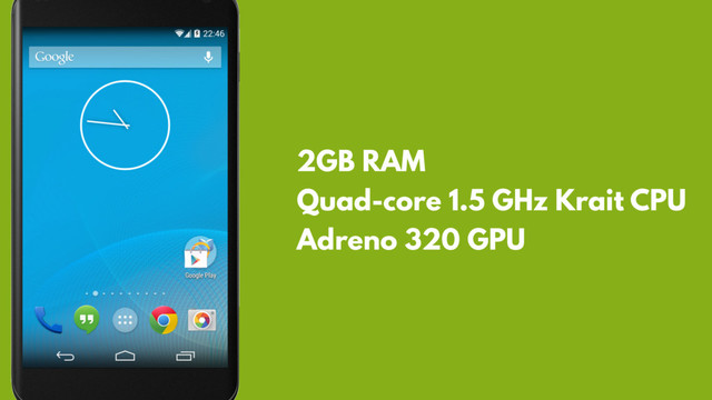 2GB RAM
Quad-core 1.5 GHz Krait CPU
Adreno 320 GPU
