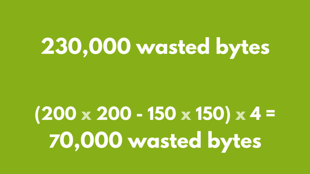 (200 x 200 - 150 x 150) x 4 =
70,000 wasted bytes
230,000 wasted bytes
