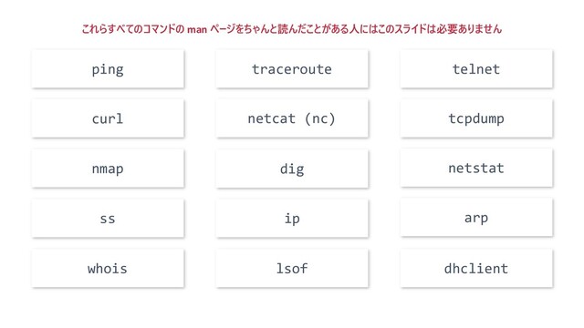 ping traceroute telnet
curl tcpdump
nmap dig
netcat (nc)
netstat
ss ip arp
whois lsof dhclient
これらすべてのコマンドの man ページをちゃんと読んだことがある人にはこのスライドは必要ありません
