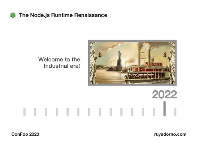 The Node.js Runtime Renaissance
ConFoo 2023 ruyadorno.com
2022
Welcome to the
Industrial era!

