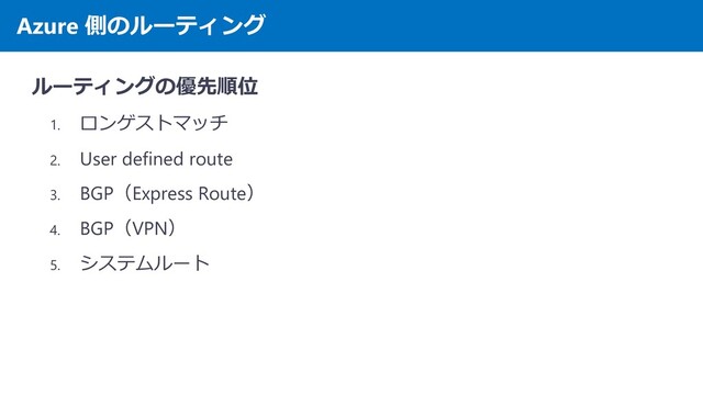 Azure 側のルーティング
ルーティングの優先順位
1. ロンゲストマッチ
2. User defined route
3. BGP（Express Route）
4. BGP（VPN）
5. システムルート
