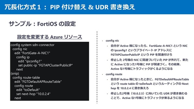 冗長化方式１： PIP 付け替え & UDR 書き換え
サンプル：FortiOS の設定
設定を変更する Azure リソース
config system sdn-connector
config nic
edit "FortiGate-A-NIC1"
config ip
edit "ipconfig1"
set public-ip "FGTAPClusterPublicIP"
next
(snip)
config route-table
edit “FGTDefaultAPRouteTable"
config route
edit "toDefault"
set next-hop "10.0.2.4"
next
• config nic
• 自分が Active 機になったら、FortiGate-A-NIC1 という NIC
の ipconfig1 というプライベート IP アドレスに
FGTAPClusterPublicIP という PIP を関連付けろ
• 停止した 2号機の NIC に関連づいていた PIP が外れて、新た
に Active になった1号機に PIP が関連づく。その結果、
Active な1号機にトラフィックがくるようになる
• config route
• 自分が Active 機になったときに、FGTDefaultAPRouteTable
という route table の toDefault というルーティングの Next
hop を 10.0.2.4 に書き換えろ
• 停止した2号機（10.0.2.5）に向いていた UDR が書き換わる
ことで、Active な1号機にトラフィックが来るようになる
