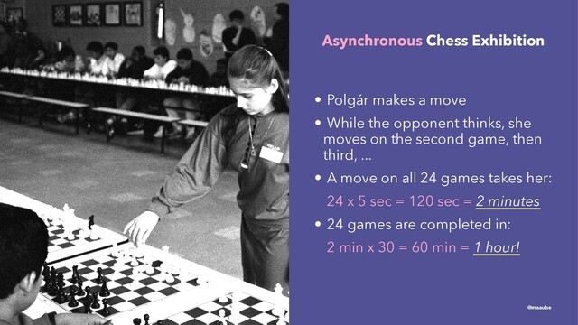 Asynchronous Chess Exhibition
• Polgár makes a move
• While the opponent thinks, she
moves on the second game, then
third, ...
• A move on all 24 games takes her:
24 x 5 sec = 120 sec = 2 minutes
• 24 games are completed in:
2 min x 30 = 60 min = 1 hour!
@maaube
